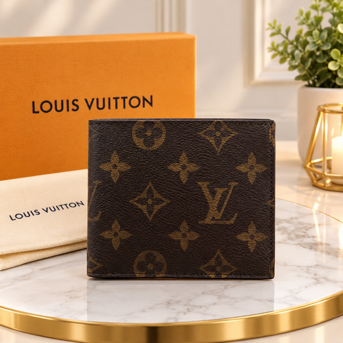 LOUIS VUITTON LV Brown Monogram Leather Multiple Bifold Mens Wallet