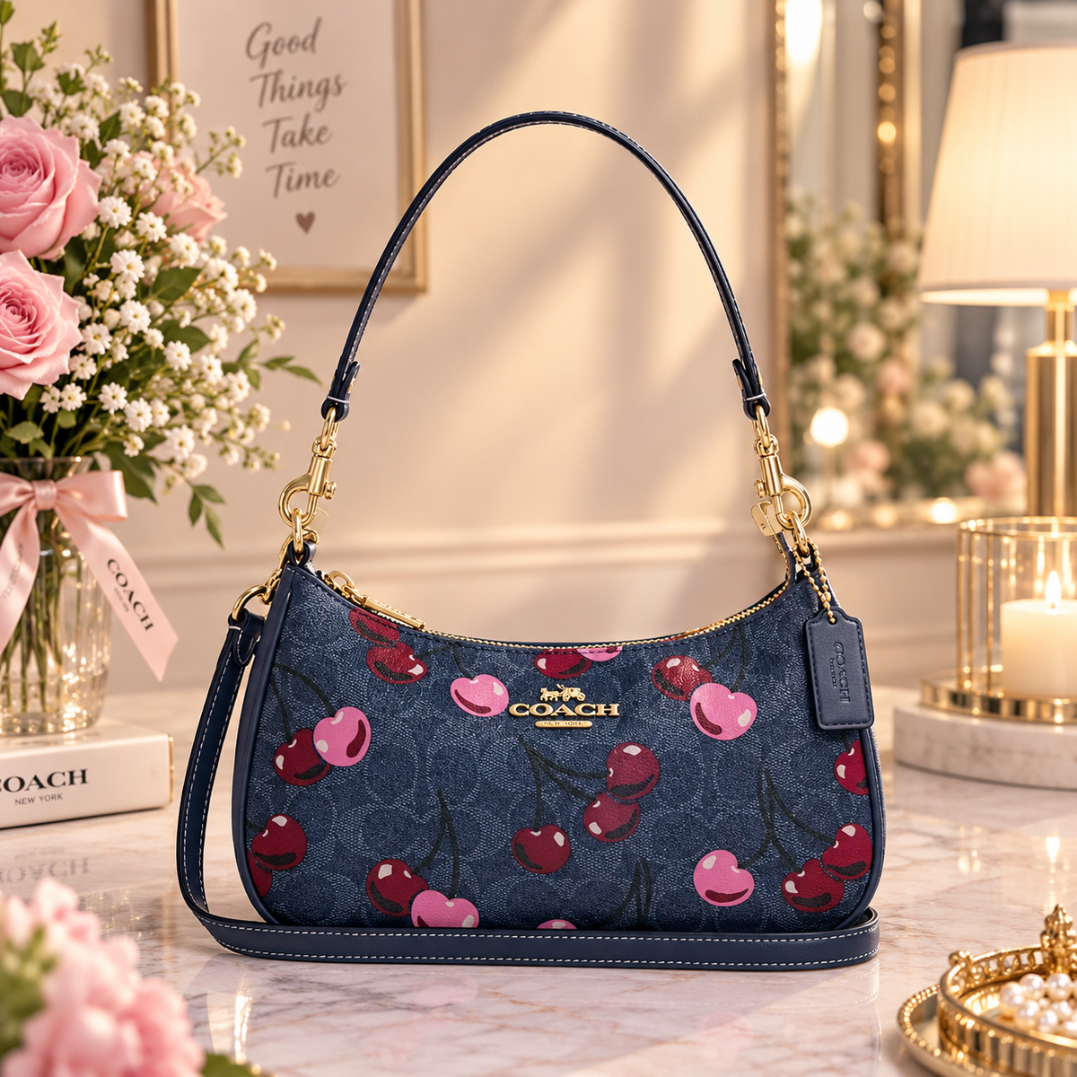 COACH CY694 Teri Shoulder Bag Signature Canvas Cherry Print Denim Blue Outlet