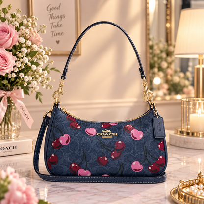 COACH CY694 Teri Shoulder Bag Signature Canvas Cherry Print Denim Blue Outlet