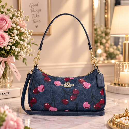 COACH CY694 Teri Shoulder Bag Signature Canvas Cherry Print Denim Blue Outlet