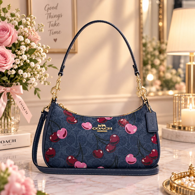 COACH CY694 Teri Shoulder Bag Signature Canvas Cherry Print Denim Blue Outlet