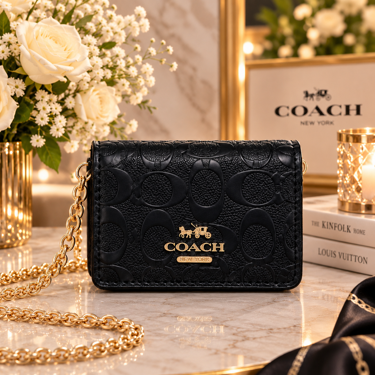 Black COACH C7361 Mini Wallet on a Chain with In Signature Print Relief