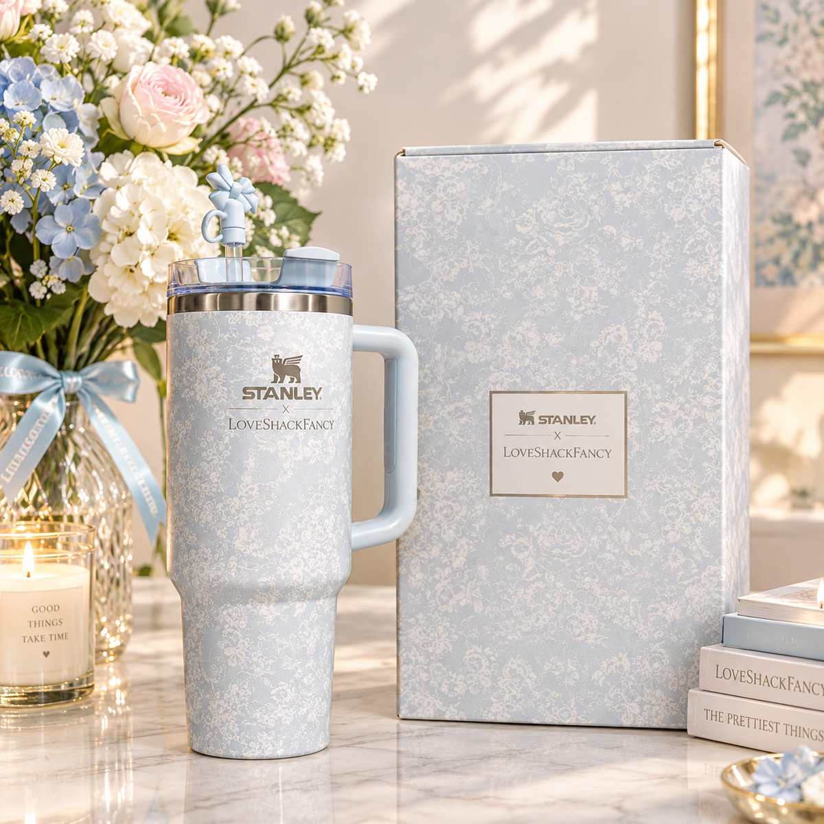 LoveShackFancy 40oz Floral Blue Tumbler Handle Lid Straw