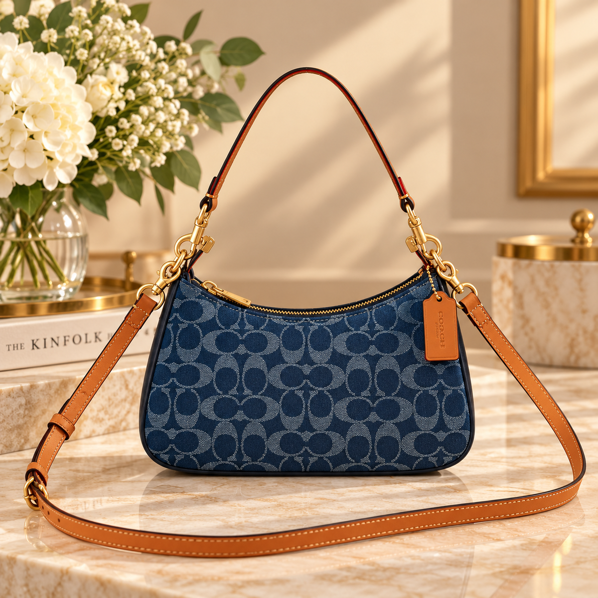 COACH CAF82 Teri Shoulder Bag Signature Denim Blue Vachetta Leather Outlet New