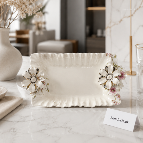 Luxury Floral Rectangular Serving Plate 11-Inch – Decorative Ceramic Snack & Dessert Tray