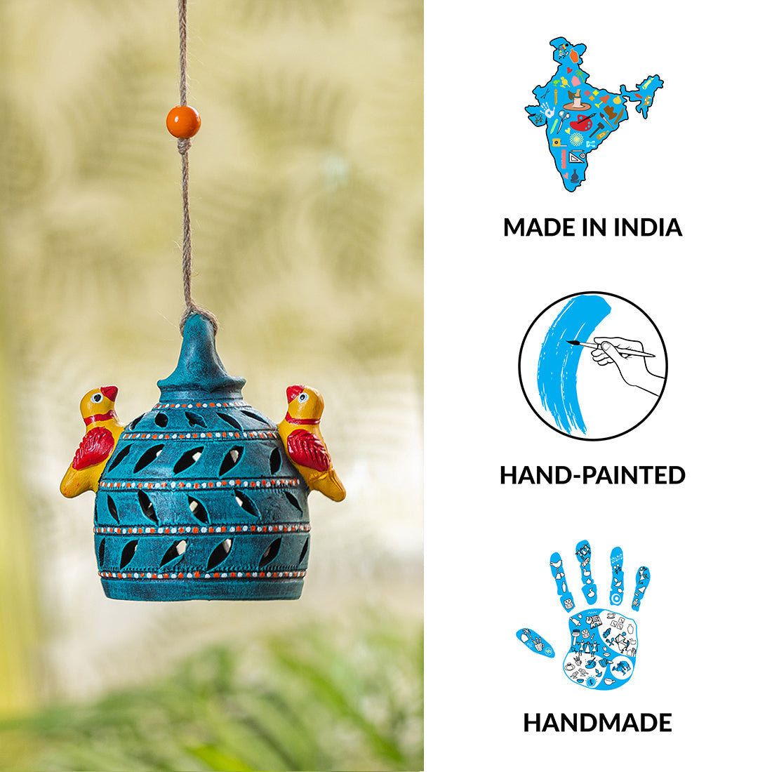 'Beautiful Birdies' Handmade & Hand Painted Garden Decorative Hanging In Terracotta
