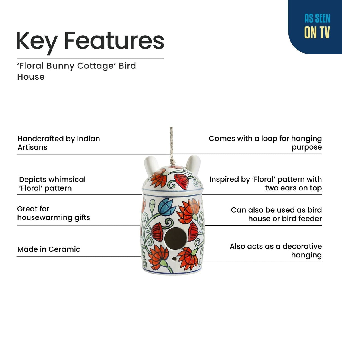 'Floral Bunny Cottage' Ceramic Bird House (Hand-Painted, 23.5 Cms, Multicoloured)