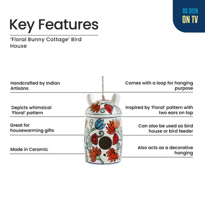 'Floral Bunny Cottage' Ceramic Bird House (Hand-Painted, 23.5 Cms, Multicoloured)
