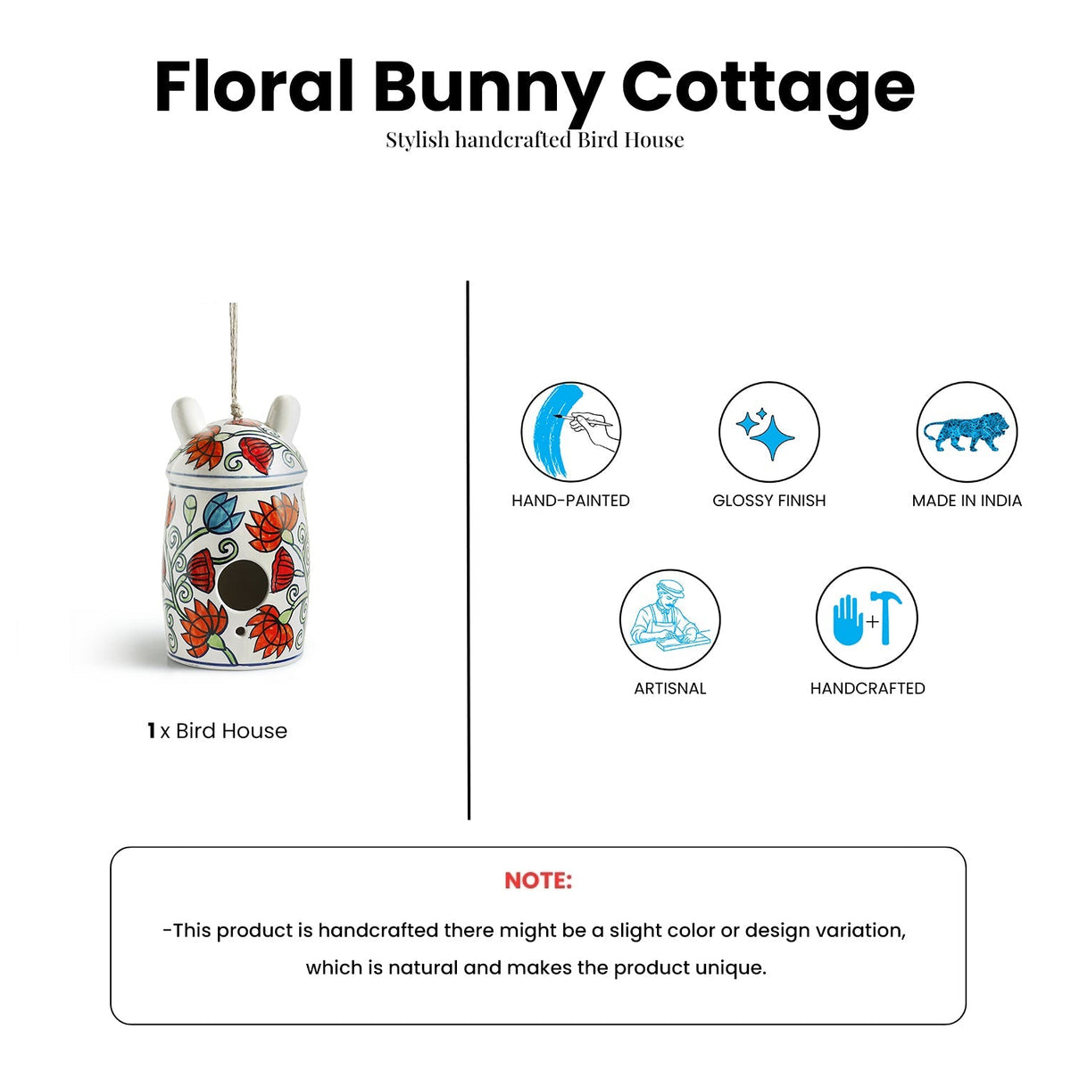 'Floral Bunny Cottage' Ceramic Bird House (Hand-Painted, 23.5 Cms, Multicoloured)