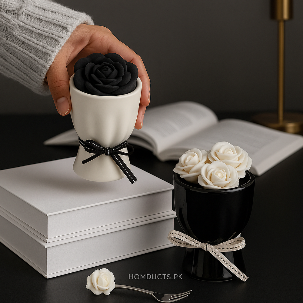 Monochrome Rose Ceramic Cup & Fork Set (6-Pcs) – Luxury Decorative Gift Collection