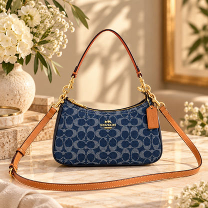 COACH CAF82 Teri Shoulder Bag Signature Denim Blue Vachetta Leather Outlet New