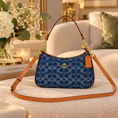 COACH CAF82 Teri Shoulder Bag Signature Denim Blue Vachetta Leather Outlet New