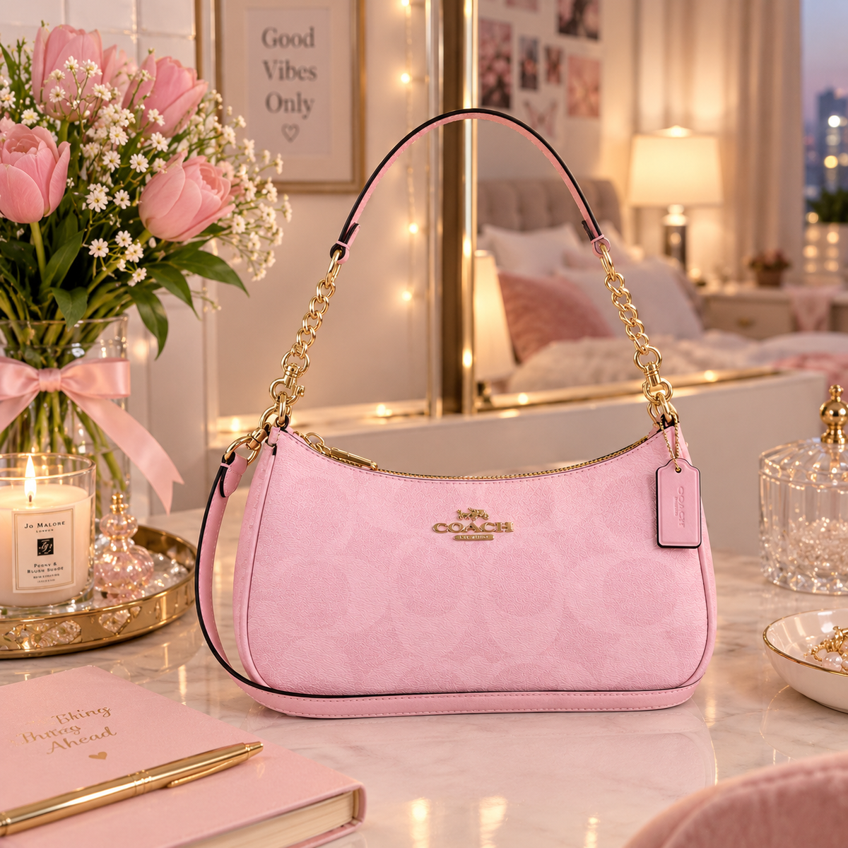 COACH Teri Shoulder Bag In signature canvas/Gold/Powder Pink New CAL51
