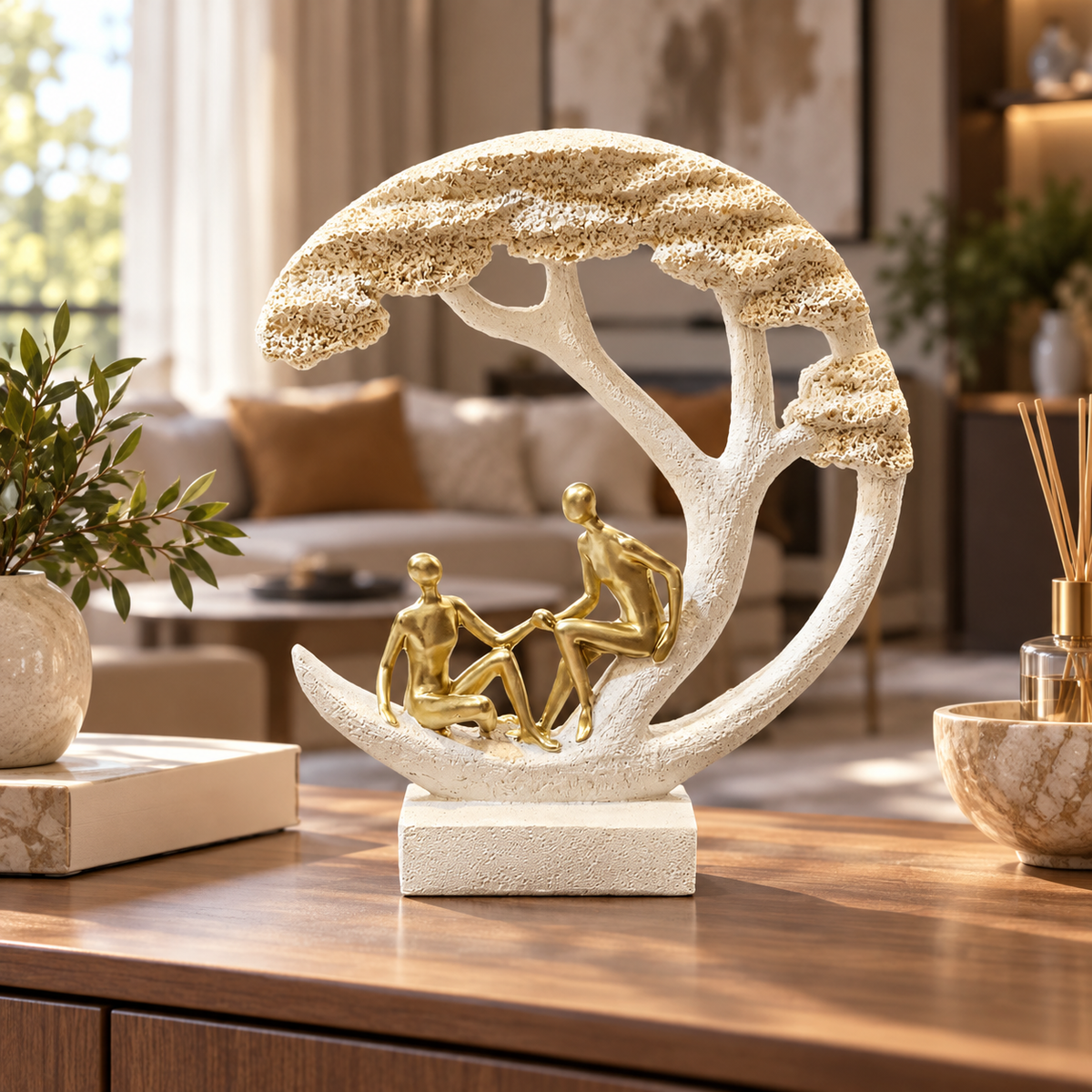 Couple Under Tree Decorative Sculpture – Cream & Gold