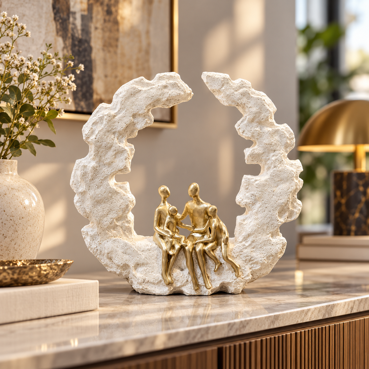 Abstract Family Decorative Figurine in Textured Arch – Cream & Gold