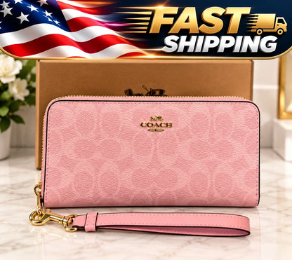 2026 Coach Long Zip Around Wallet In Signature Canvas CW778 Powder Pink