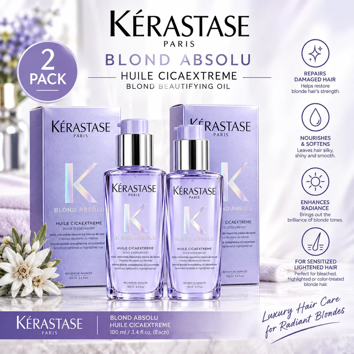 2X New Kerastase Blond Absolu Huile Cicaextreme Blond Beautifying Oil 100ML